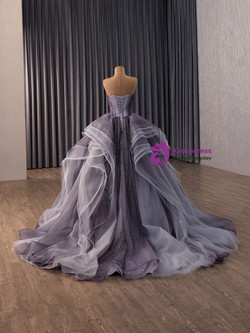 Dark Purple Tulle Sequins Pleats Prom Dress