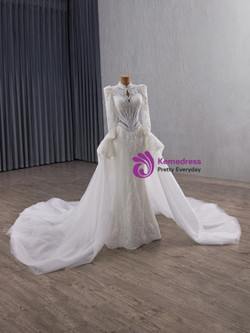 White Mermaid High Neck Tulle Lace Long Sleeve Wedding Dress