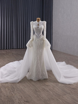 White Mermaid High Neck Tulle Lace Long Sleeve Wedding Dress