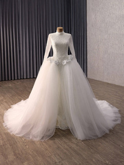 White Mermaid Lace Long Sleeve Wedding Dress With Detachable Train