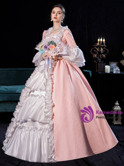 Pink White Bow Long Sleeve Baroque Victorian Dress