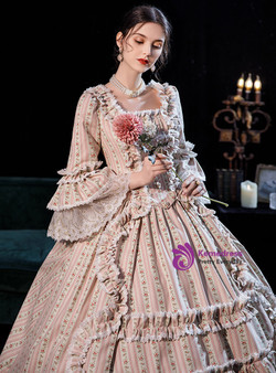 Pink Print Long Sleeve Square Neck Rococo Vintage Dress