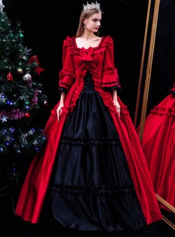 Black Red Satin Long Sleeve Rococo Vintage Dress
