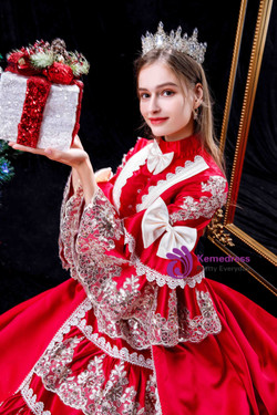 Burgundy Satin Lace Long Sleeve Baroque Victorian Dress