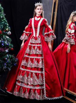 Burgundy Satin Lace Long Sleeve Baroque Victorian Dress