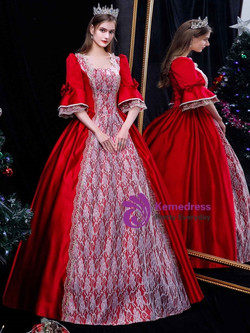 Burgundy Satin Lace Long Sleeve Vintage Victorian Dress