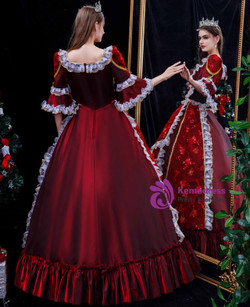 Burgundy Satin Lace Short Sleeve Vintage Baroque Dress