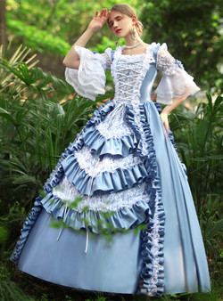 Blue Satin Lace Short Sleeve Vintage Dress