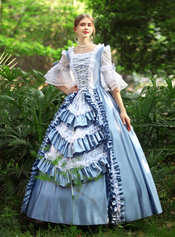 Blue Satin Lace Short Sleeve Vintage Dress