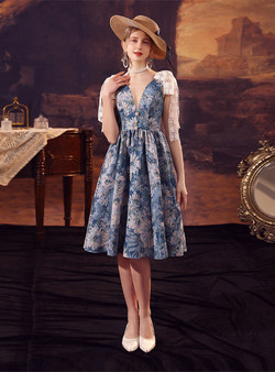 Blue V-neck Print Short Retro Palace Dress