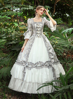 Sky Blue Print Short Sleeve Victorian Dress