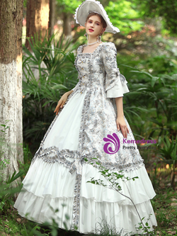 Sky Blue Print Short Sleeve Victorian Dress