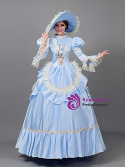 Blue Satin Long Sleeve High Neck Baroque Vintage Dress