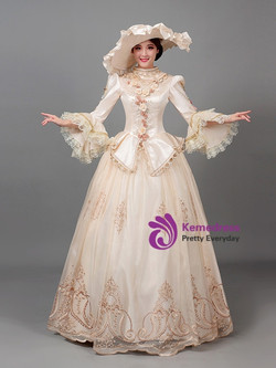 Champagne Tulle Satin Long Sleeve Vintage Dress