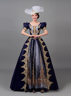 Navy Blue Satin Puff Sleeve Sequins Vintage Dress