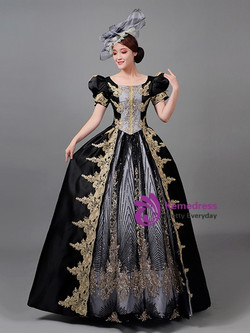 Black Satin Sequins Appliques Vintage Baroque Dress