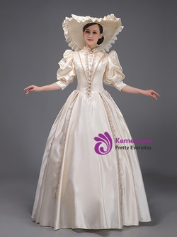 Champagne Satin Puff Sleeve Victorian Vintage Dress