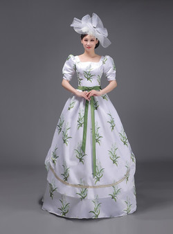 White Short Sleeve Print Victorian Vintage Dress