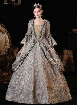 Gray Long Sleeve Print Baroque Vintage Dress