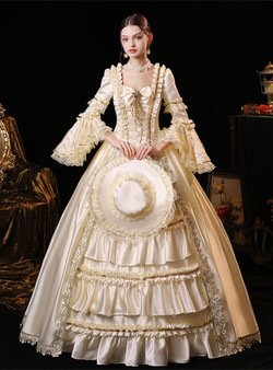 Champagne Satin Lace Long Sleeve Rococo Dress
