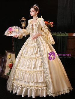 Champagne Satin Lace Long Sleeve Rococo Dress