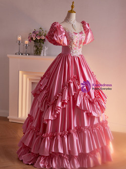 Pink Satin Short Sleeve Appliques Beading Quinceanera Dress