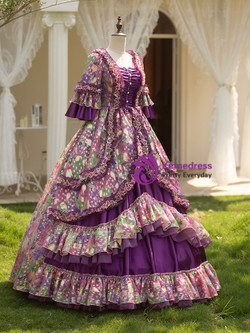 Purple Short Sleeve Print Pleats Vintage Gown Dress