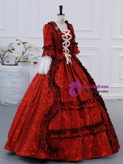 Burgundy Long Sleeve Pleats Victorian Dress