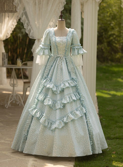 Blue Short Sleeve Pleats Vintage Gown Dress