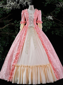 Pink Long Sleeve Rococo Print Vintage Dress