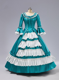 Blue Satin Long Sleeve Baroque Vintage Gown Dress