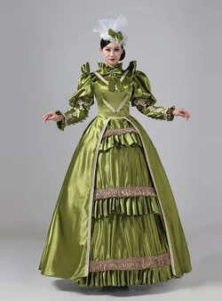 Green Satin Long Sleeve Rococo Baroque Vintage Dress