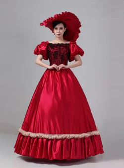 Burgundy Satin Puff Sleeve Rococo Vintage Dress