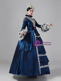 Navy Blue Satin Long Sleeve Rococo Victorian Dress