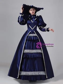 Navy Blue Satin Long Sleeve Bow Vintage Victorian Dress