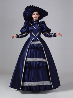 Navy Blue Satin Long Sleeve Bow Vintage Victorian Dress
