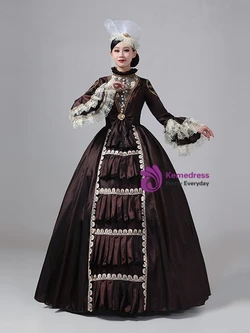 Brown Satin Long Sleeve Lace Rococo Dress