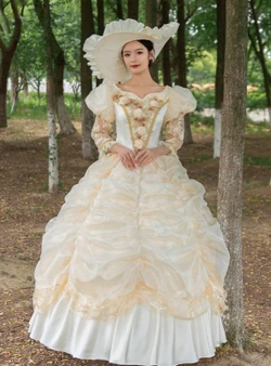 Champagne Long Sleeve 3D Flower Vintage Dress