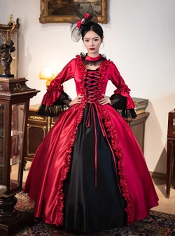 Burgundy Satin Long Sleeve Lace Rococo Vintage Dress