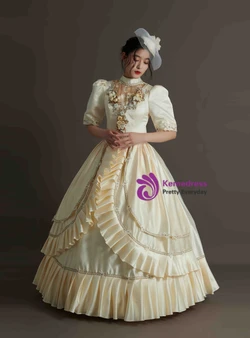 Champagne Satin Short Sleeve Appliques Vintage Dress