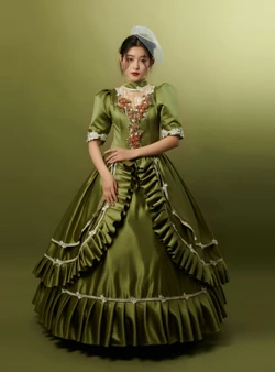 Green Satin Short Sleeve Appliques Victorian Dress
