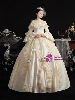 Champagne Satin Long Sleeve Vintage Dress