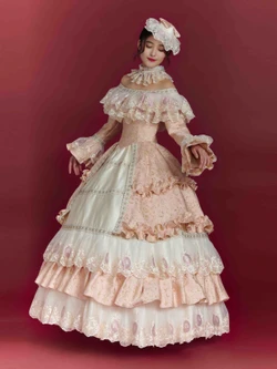 Pink Long Sleeve Print Lace Vintage Dress