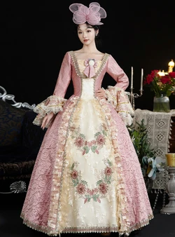 Pink Ball Gown Print Long Sleeve Vintage Dress