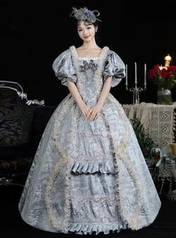 Gray Ball Gown Puff Sleeve Rococo Vintage Dress