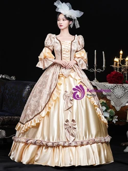 Champagne Satin Long Sleeve Bow Rococo Vintage Dress