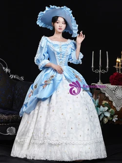 Blue Satin Short Sleeve 3D Flower Vintage Rococo Dress