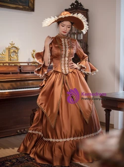 Brown Satin Long Sleeve Lace Vintage Dress