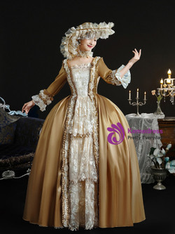 Gold Satin Long Sleeve Lace Vintage Dress