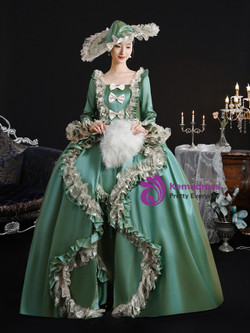 Green Satin Long Sleeve Lace Bow Vintage Dress